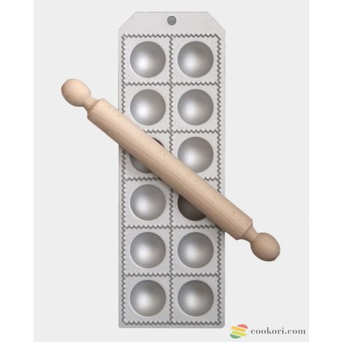 Eppicotispai Aluminium ravioli maker 12 holes 52x52mm, with rolling pin