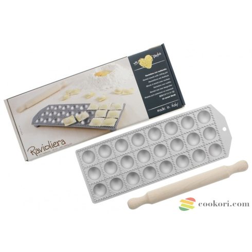 Eppicotispai Aluminium Ravioli mould 24 round  with rolling pin