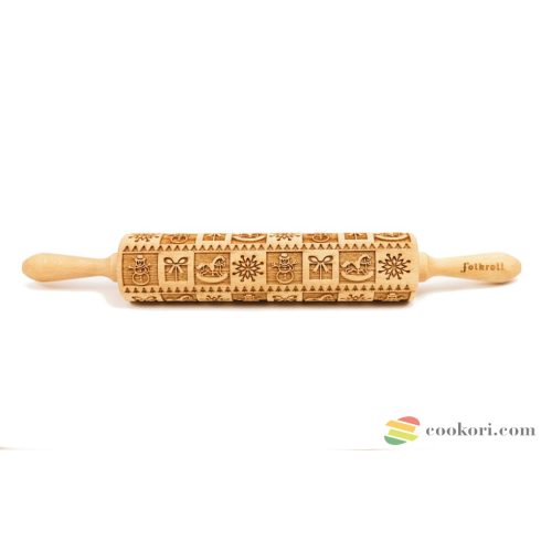 Folkroll "Karácsonyi ajándék" mintás sodrófa M méret, 37cm, recepttel