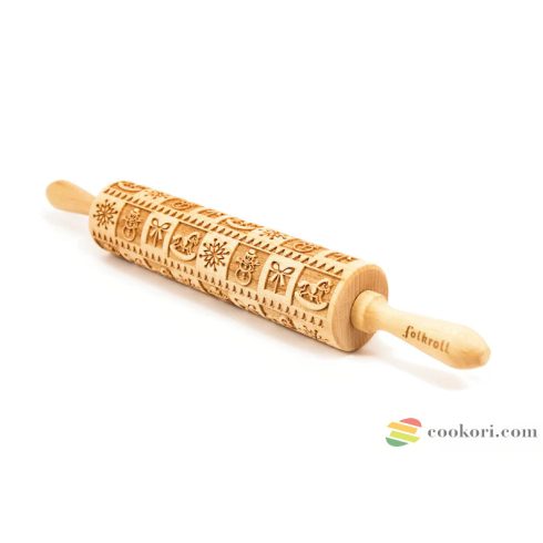 Folkroll "Karácsonyi ajándék" mintás sodrófa M méret, 37cm, recepttel